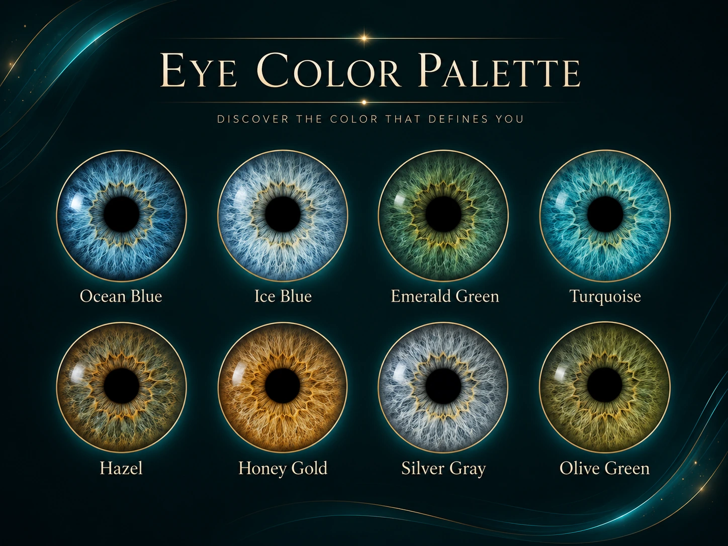 Eye color palette including Ocean Blue, Ice Blue, Emerald Green, Turquoise, Hazel, Honey Gold, Silver Gray and Olive Green